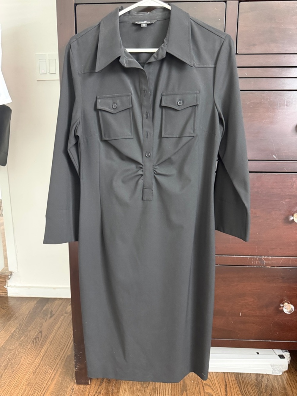 Classic Black Long-Sleeve Shirt Dress with Chest Pockets